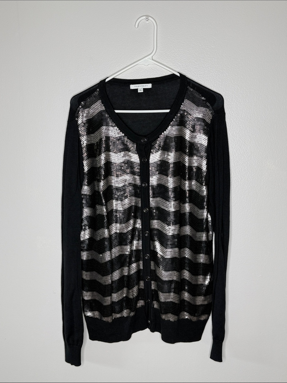 Foxcroft Black Cardigan with Silver Sequin Stripes Size XL